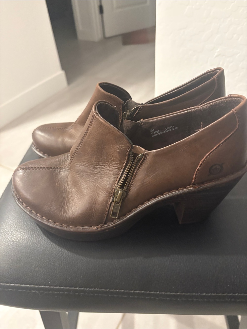 Born Brown Leather Zip-Detail Heeled Clogs